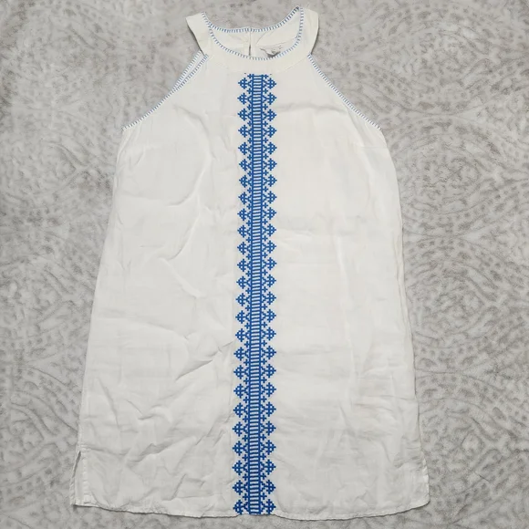Lucky Brand 100% Linen Halter Dress Size M Embroidered White And Blue - Picture 2 of 16
